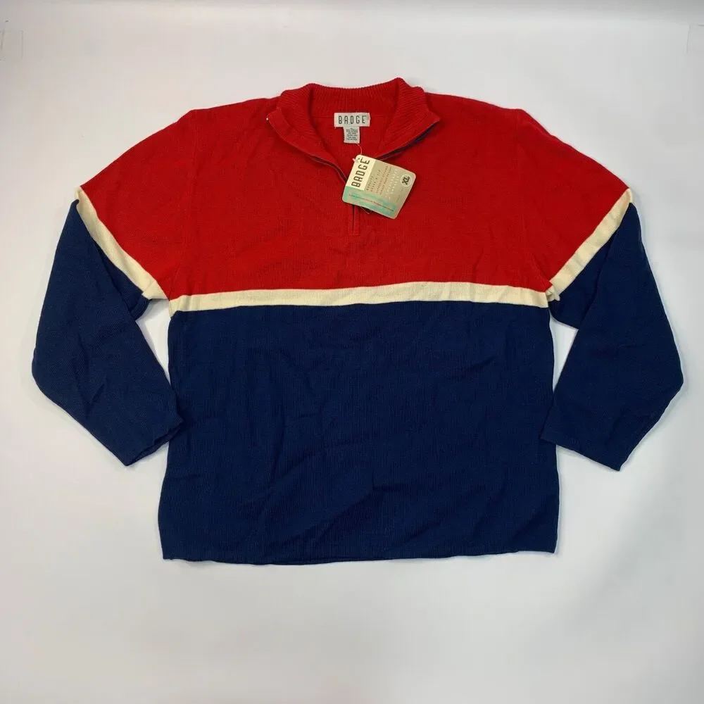 Vintage Badge Sweater Mens XL Extra Large‎ Navy Red Acrylic 1/4 Zip Colorblock